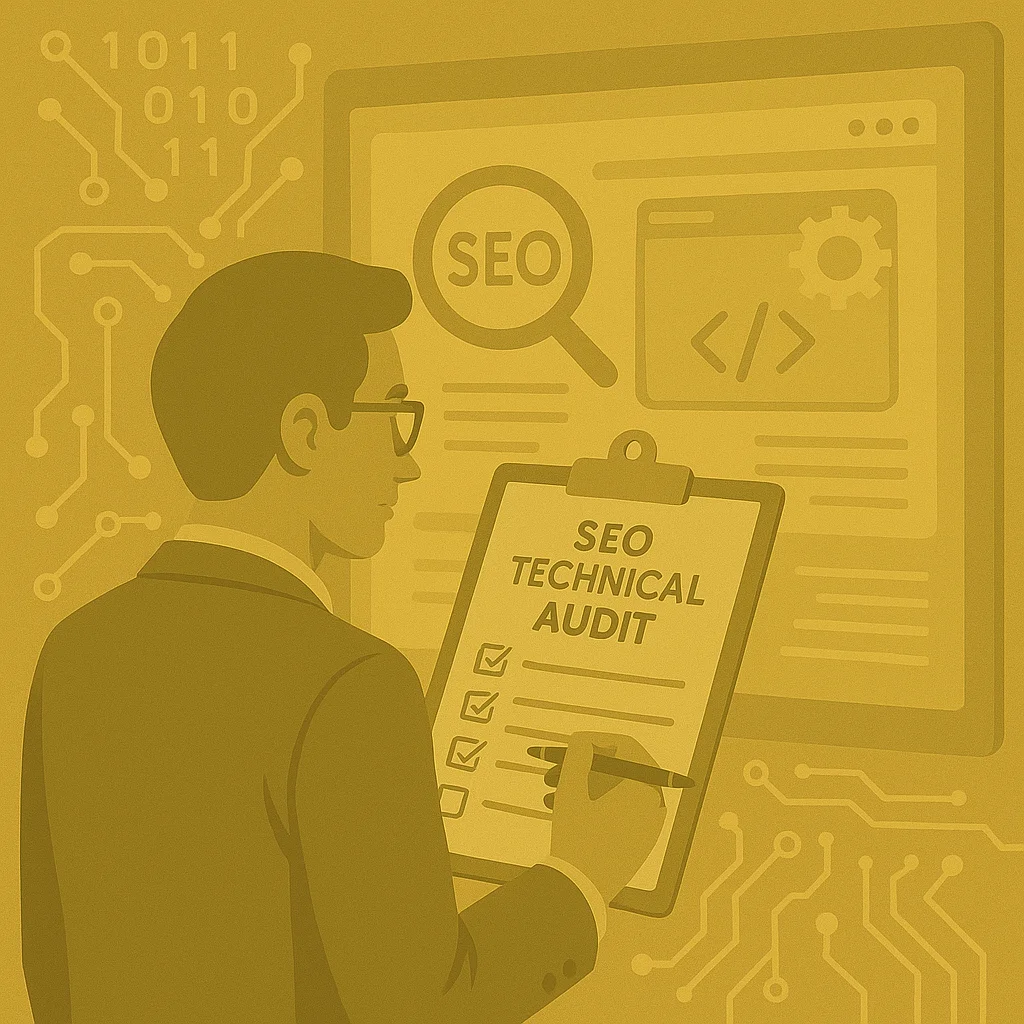 Ilustración de un SEO Manager con traje revisando una auditoría técnica de SEO en un portapapeles, mientras observa una pantalla con íconos de análisis y código. El fondo incluye motivos de circuitos y datos binarios.