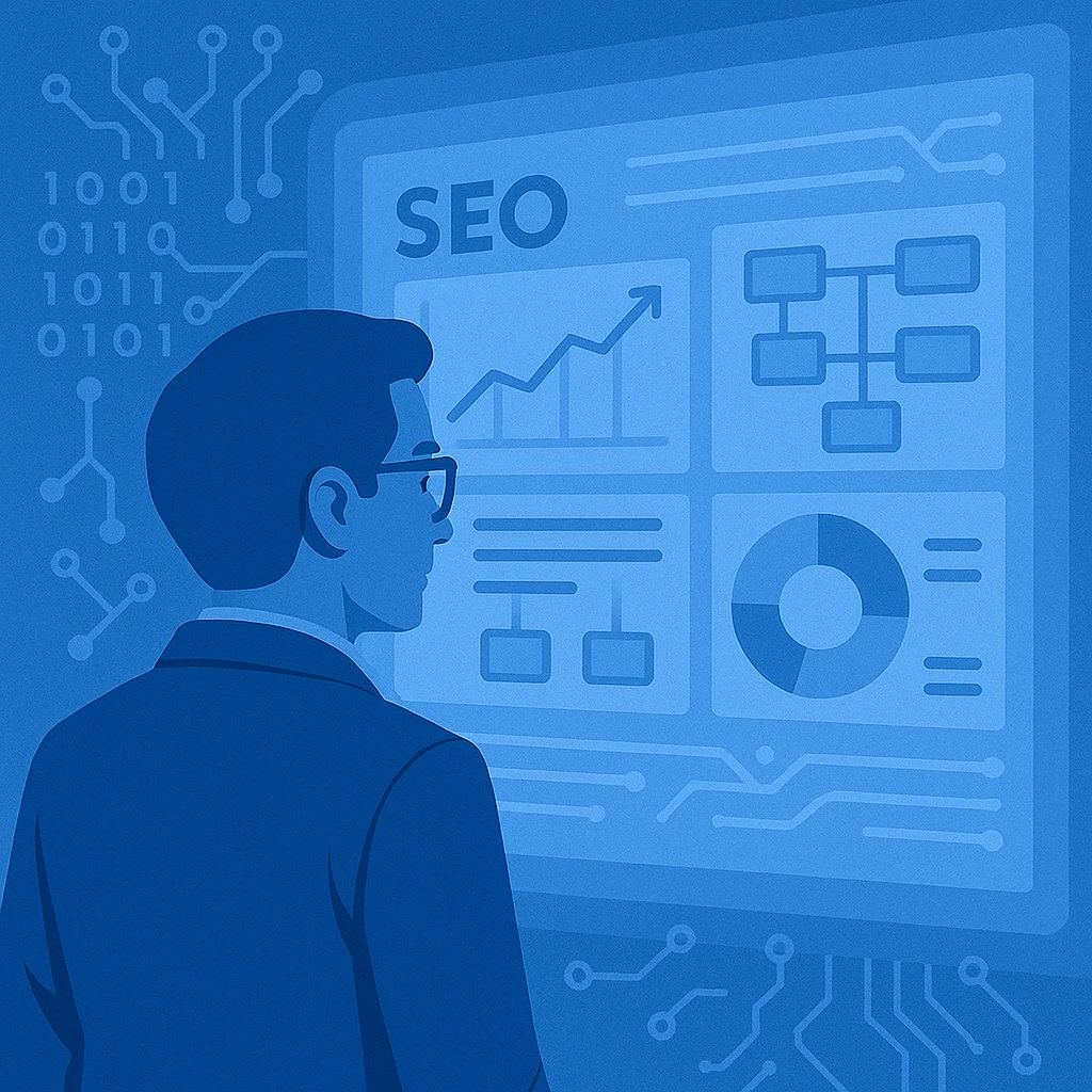 Ilustración de un profesional frente a una pantalla grande con gráficos de crecimiento, estructura de sitio, textos y gráficos circulares, representando el monitoreo de métricas SEO. Fondo con temática digital y binaria.
