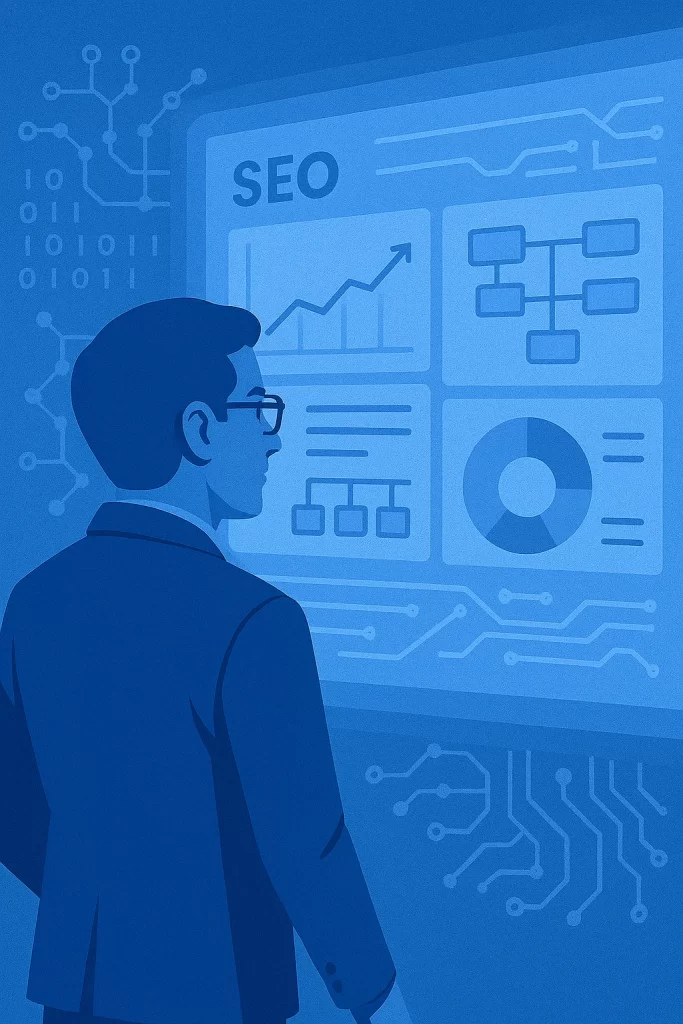 Ilustración de un hombre observando un panel de datos estadísticos vinculados a SEO.