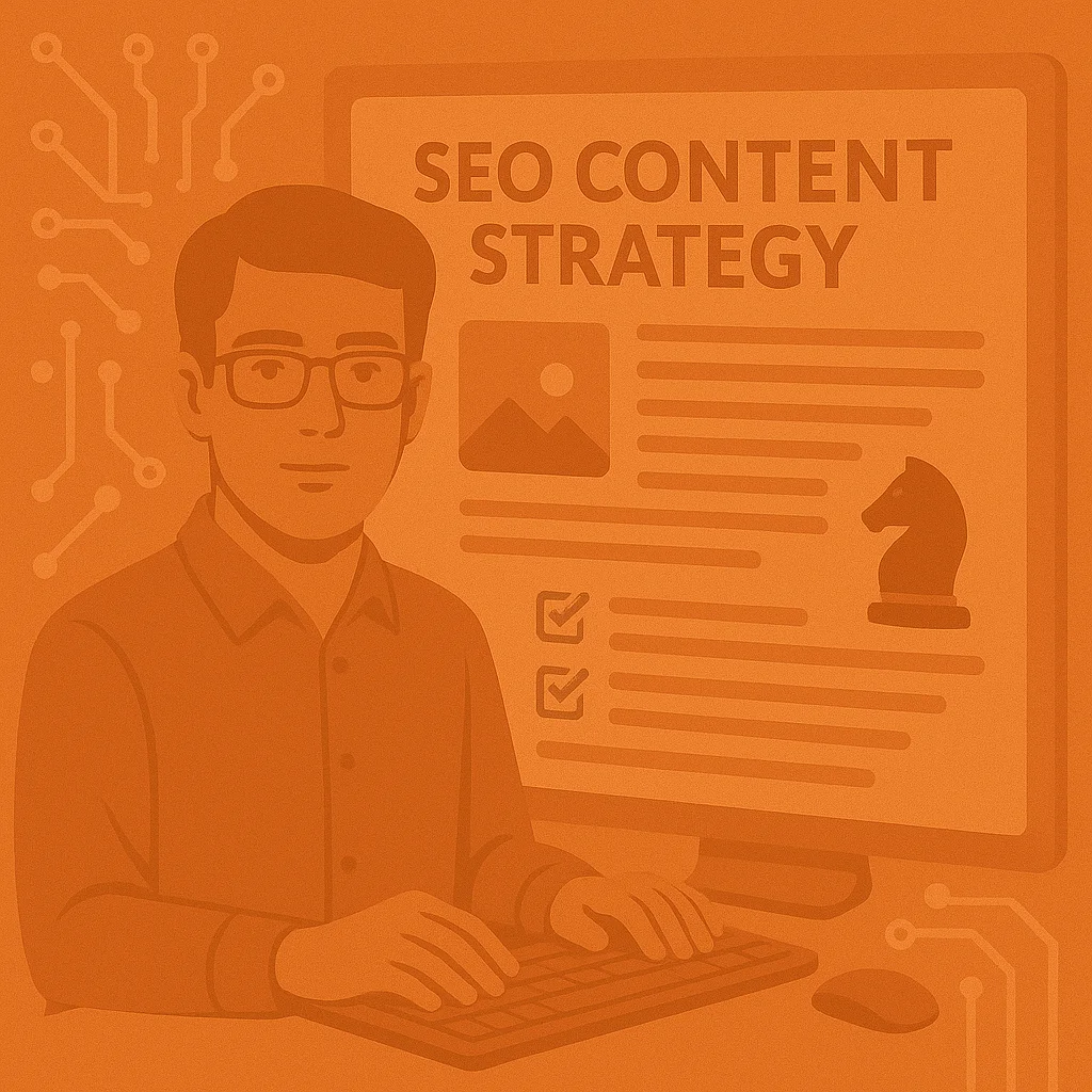 Ilustración de un Consultor SEO frente a un computador desarrollando una estrategia de contenidos SEO. En la pantalla se lee 'SEO Content Strategy' junto a íconos de imagen, lista de verificación y una figura de caballo de ajedrez, representando planificación estratégica. El fondo incluye circuitos digitales estilizados.