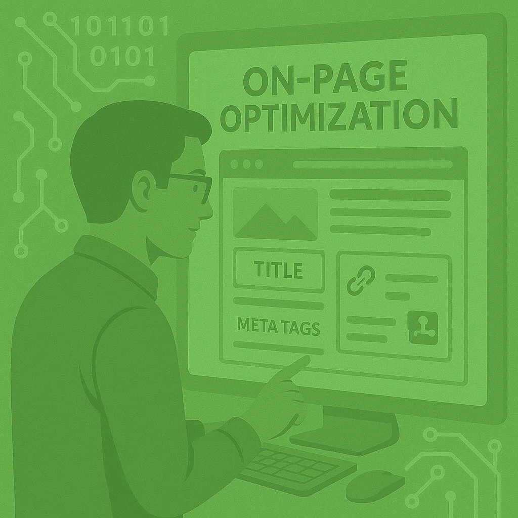 Profesional SEO apuntando a una pantalla con una interfaz web que muestra secciones como “Title” y “Meta Tags”, representando acciones de optimización on-page. Fondo con elementos digitales y código binario.