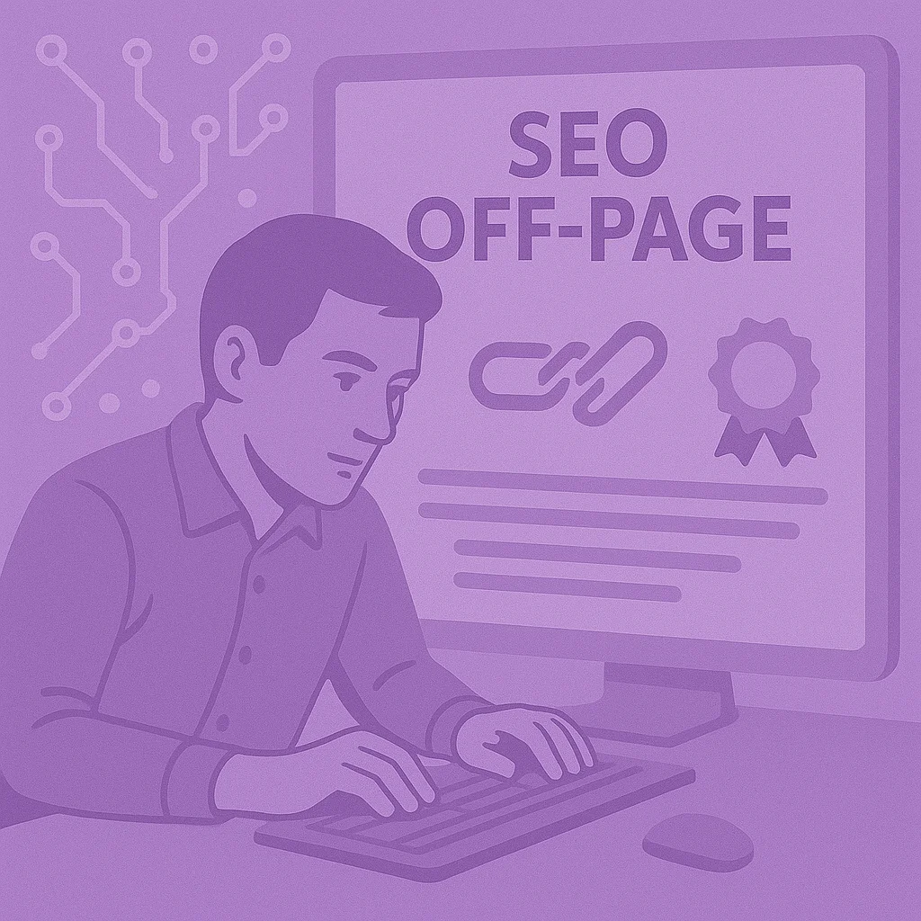 Ilustración de SEO Mananger escribiendo en teclado frente a una pantalla que muestra texto “SEO Off-page”, con íconos de enlaces y un sello de calidad, ilustrando tareas de link building y autoridad web. Fondo con diseño tecnológico.