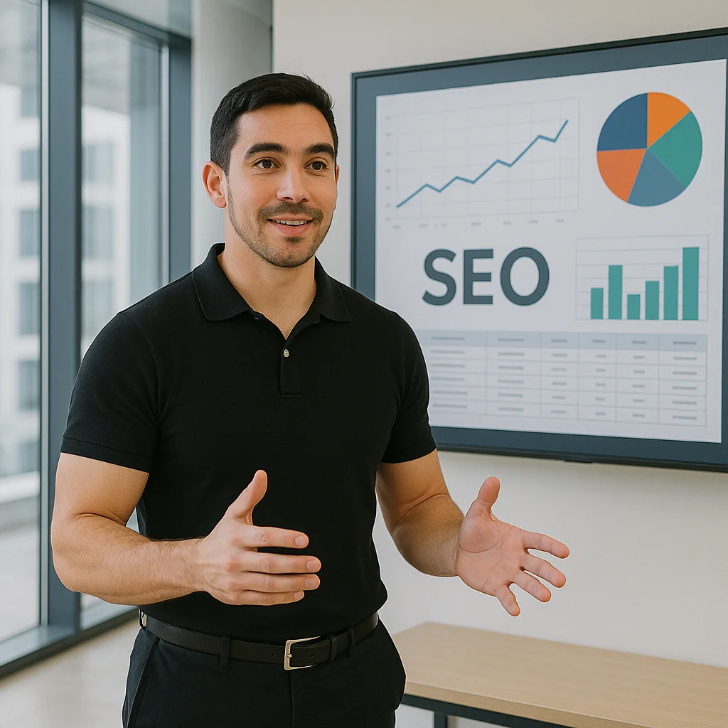 Consultor SEO de pie frente a una pantalla con gráficos y la palabra "SEO", explicando o presentando una estrategia de posicionamiento web en un entorno profesional moderno.