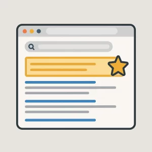 Ilustración digital de una página de resultados de búsqueda (SERP) en la que se destaca el primer resultado con un recuadro dorado y una estrella, simbolizando el primer lugar en los resultados orgánicos.