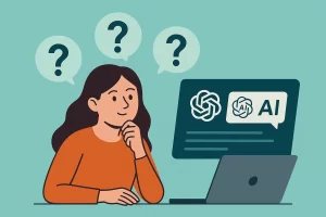 Ilustración de una mujer preguntándose sobre los distintos nombres que se proponen para la optimización en motores de respuesta.