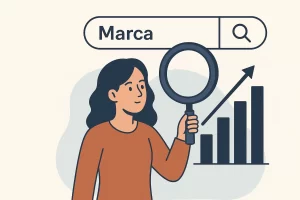 Ilustración de mujer observando con una lupa cómo suben las búsquedas de marca.