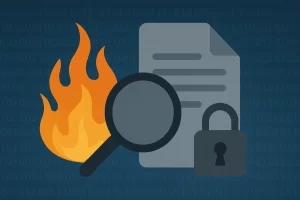 Ilustración sobre filtración de datos en inteligencia artificial, con documento, lupa, candado y fuego sobre fondo de código binario