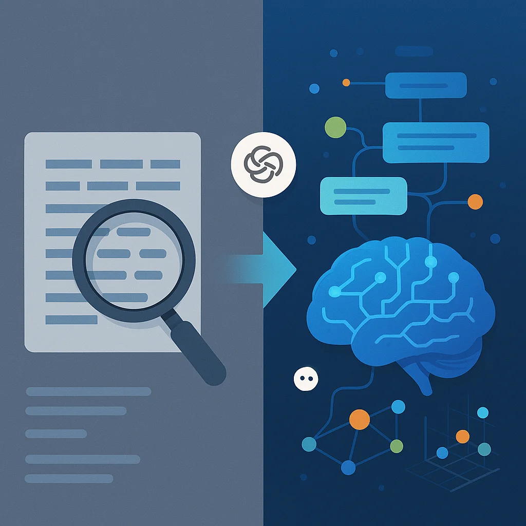Ilustración comparativa entre el análisis tradicional y el análisis semántico: a la izquierda, una lupa examina texto con enfoque literal y mecánico; a la derecha, un cerebro digital analiza relaciones semánticas con conexiones orgánicas y nodos multicolores en un espacio 3D.