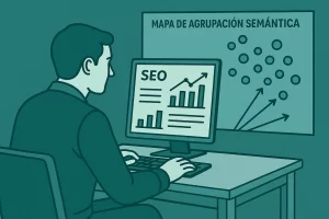 Ilustración digital en estilo flat de un hombre analizando métricas de SEO en su computador, con un gráfico de dispersión tipo "mapa de agrupación semántica" proyectado al fondo.