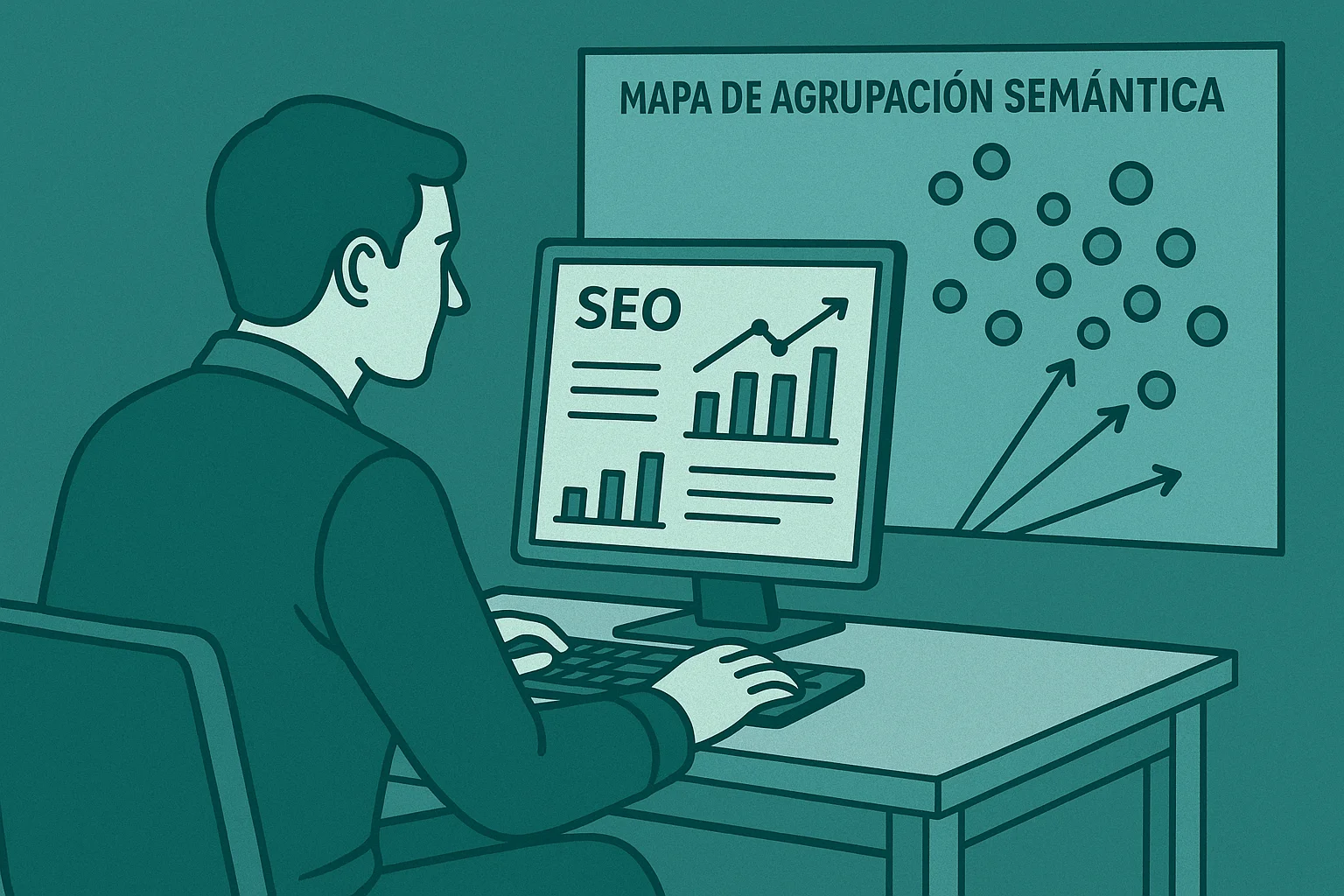 Ilustración digital en estilo flat de un hombre analizando métricas de SEO en su computador, con un gráfico de dispersión tipo "mapa de agrupación semántica" proyectado al fondo.