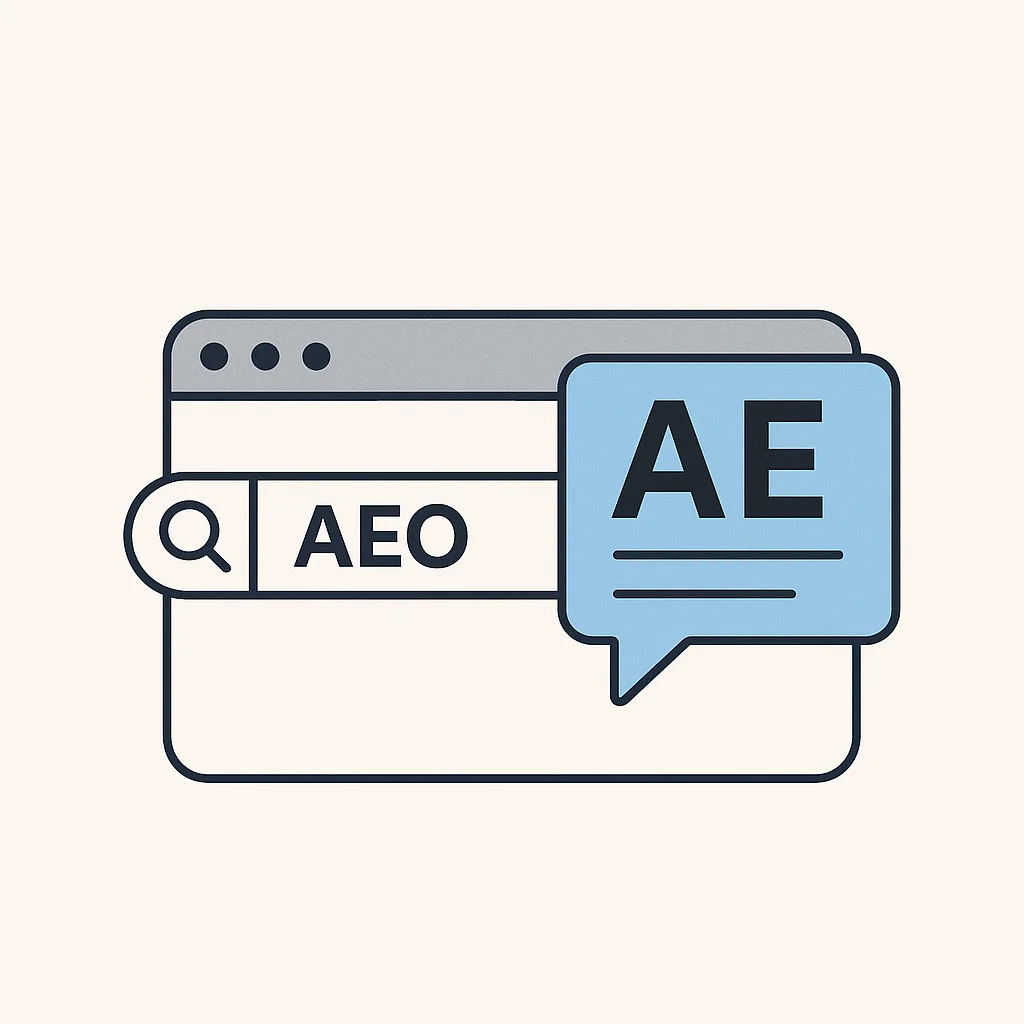 Ilustración de una pantalla en la que hay un buscador con la palabra "AEO" y una burbuja azul.