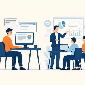 Ilustración comparativa entre un consultor SEO freelance trabajando de forma remota y un equipo en oficina colaborando en una estrategia de marketing.