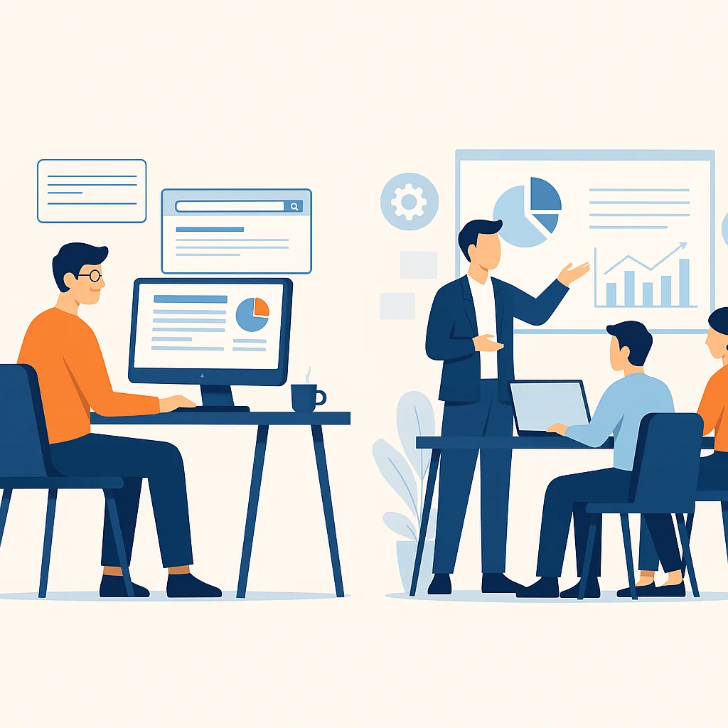 Ilustración comparativa entre un consultor SEO freelance trabajando de forma remota y un equipo en oficina colaborando en una estrategia de marketing.