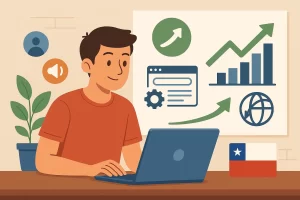 Ilustración digital en estilo plano de un joven chileno trabajando en su laptop, con gráficos de crecimiento, íconos web y una bandera de Chile al fondo, representando estrategias digitales para aumentar visitas sin publicidad.
