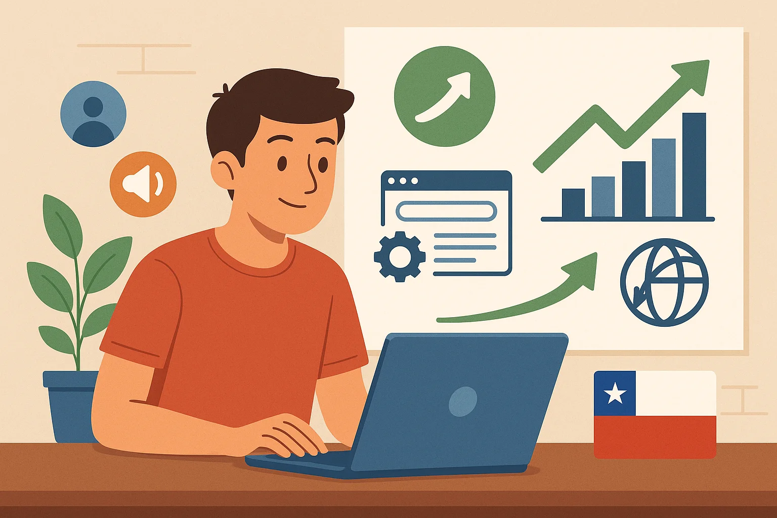 Ilustración digital en estilo plano de un joven chileno trabajando en su laptop, con gráficos de crecimiento, íconos web y una bandera de Chile al fondo, representando estrategias digitales para aumentar visitas sin publicidad.