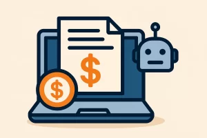 Robot bot pagando a un sitio web protegido por un paywall digital.