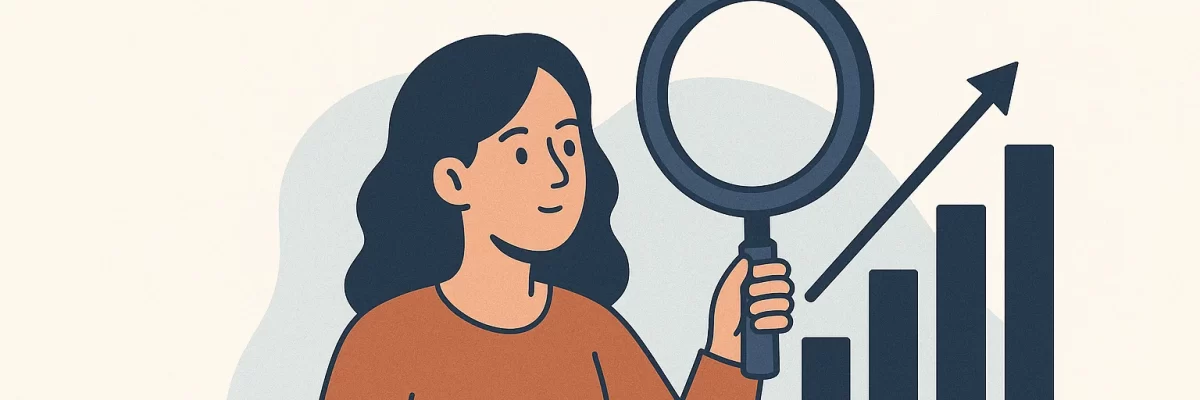 branded searches Ilustración de mujer observando con una lupa cómo suben las búsquedas de marca.
