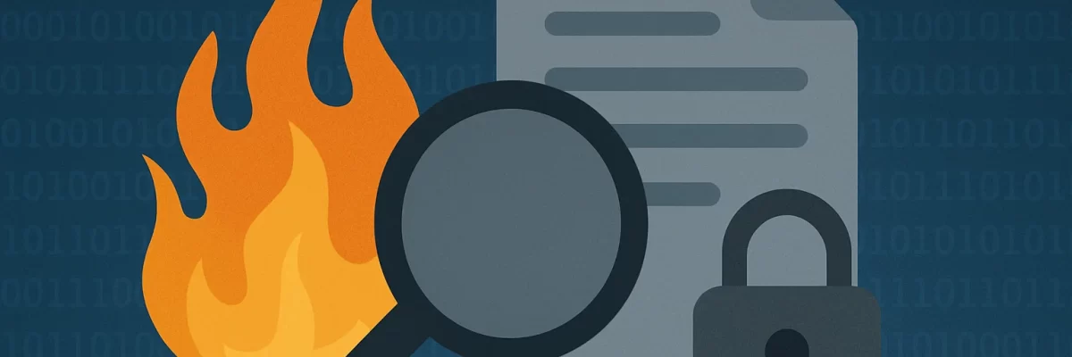 Filtración en sistemas de IA: ¿cómo manejan los modelos la seguridad y las fuentes de información? Ilustración sobre filtración de datos en inteligencia artificial, con documento, lupa, candado y fuego sobre fondo de código binario