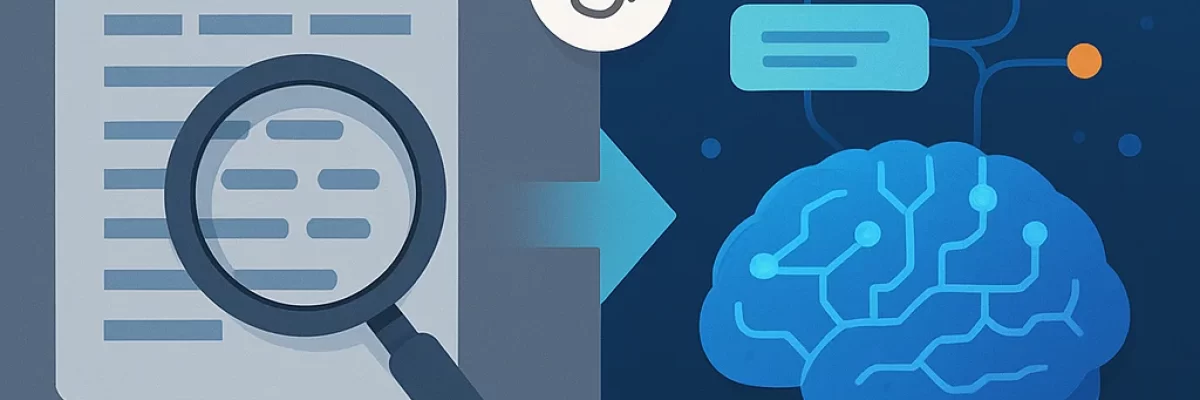 Ilustración comparativa entre el análisis tradicional y el análisis semántico: a la izquierda, una lupa examina texto con enfoque literal y mecánico; a la derecha, un cerebro digital analiza relaciones semánticas con conexiones orgánicas y nodos multicolores en un espacio 3D.