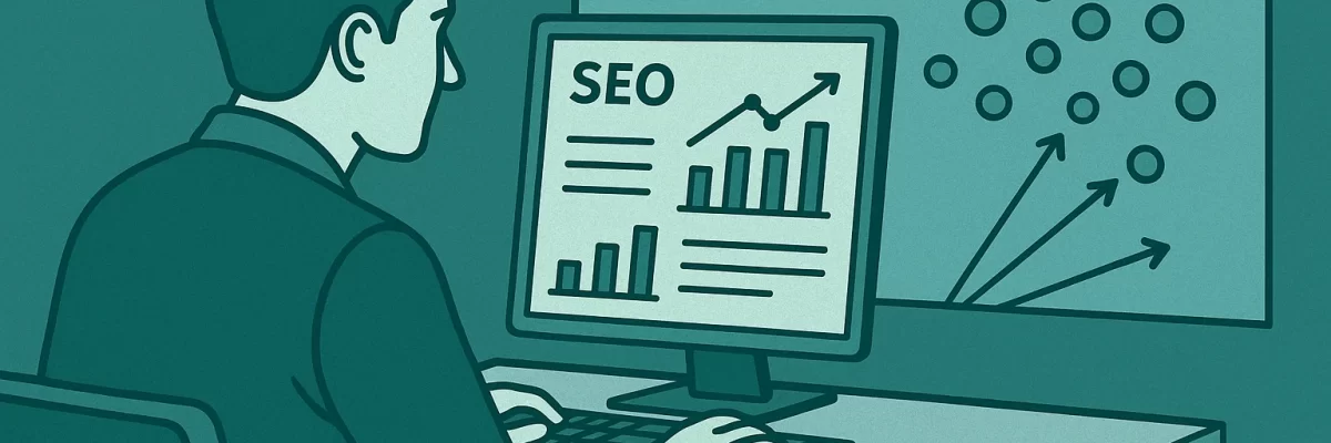 optimizar contenido para llm Ilustración digital en estilo flat de un hombre analizando métricas de SEO en su computador, con un gráfico de dispersión tipo "mapa de agrupación semántica" proyectado al fondo.