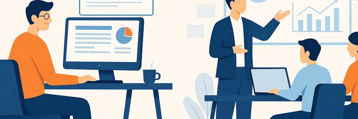 Ilustración comparativa entre un consultor SEO freelance trabajando de forma remota y un equipo en oficina colaborando en una estrategia de marketing.