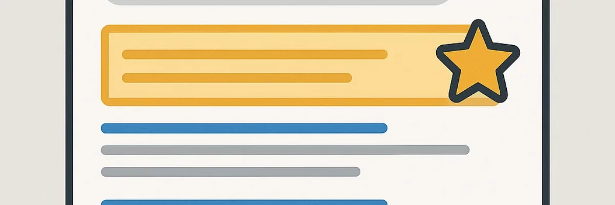 seo y branding Ilustración digital de una página de resultados de búsqueda (SERP) en la que se destaca el primer resultado con un recuadro dorado y una estrella, simbolizando el primer lugar en los resultados orgánicos.